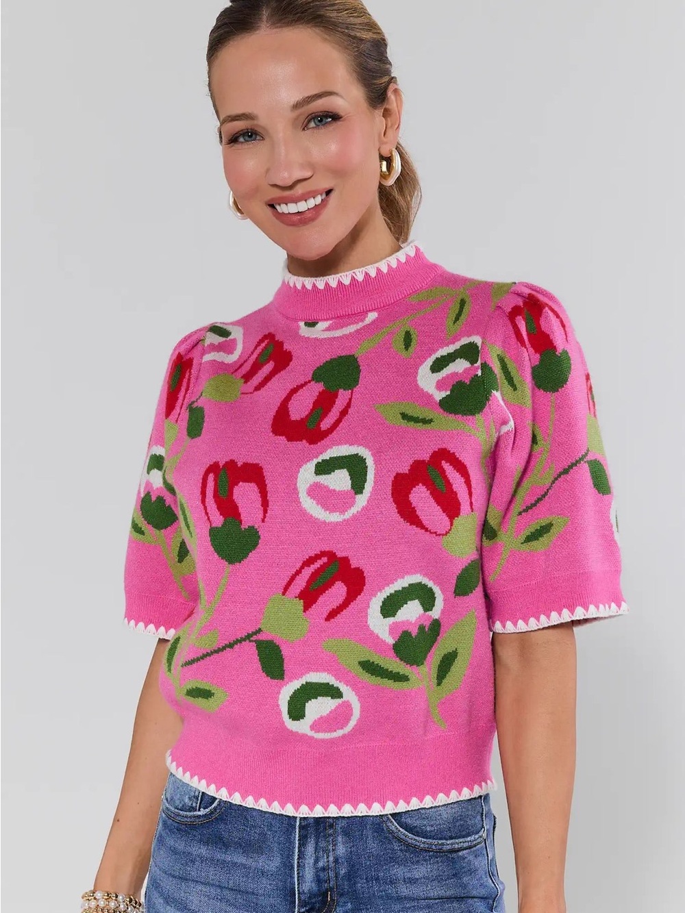 THML Pink Floral Short-Sleeve Knit Top